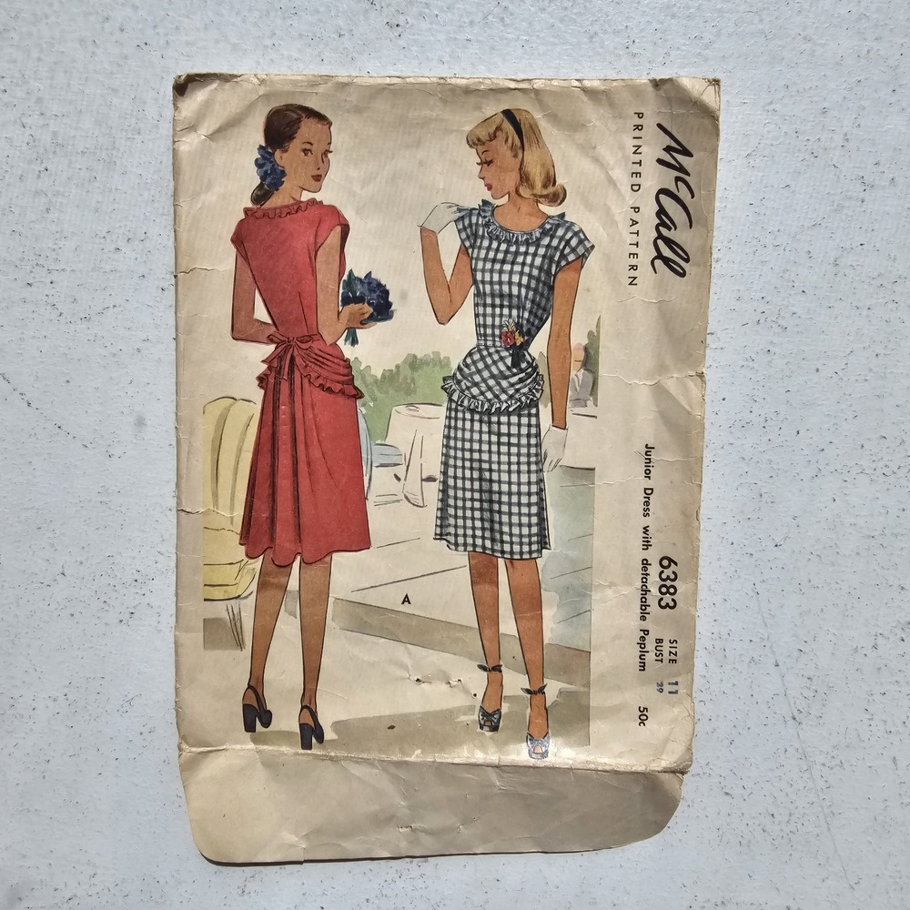 1940s Vintage 29" Bust  McCall 6383 Detachable Peplum Dress Sewing Pattern